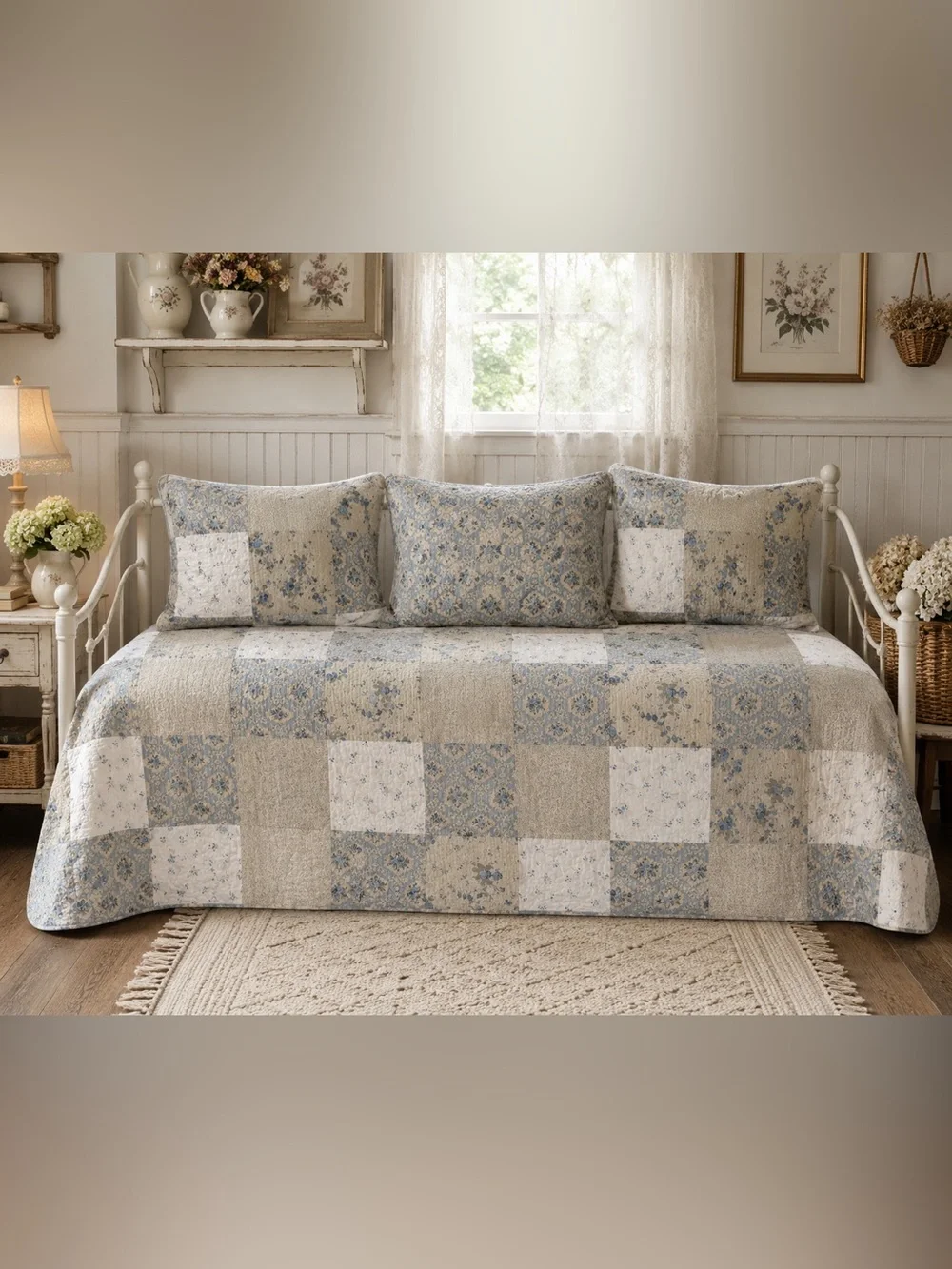 All American Collection Reversible Floral Patchwork Daybed Quilt & 3 Shams Set